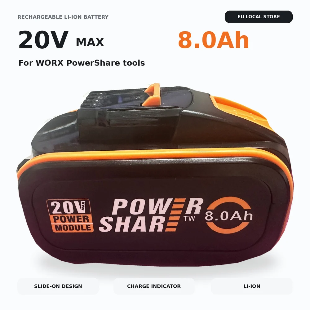 FÜR Worx 20V, 8,0Ah Hochleistungs-Lithium-Ionen-Akku, WA3553 WA3551 WA3553.1 WA3570, Geeignet für Worx Elektroschrauber und Schlagbohrmaschinen