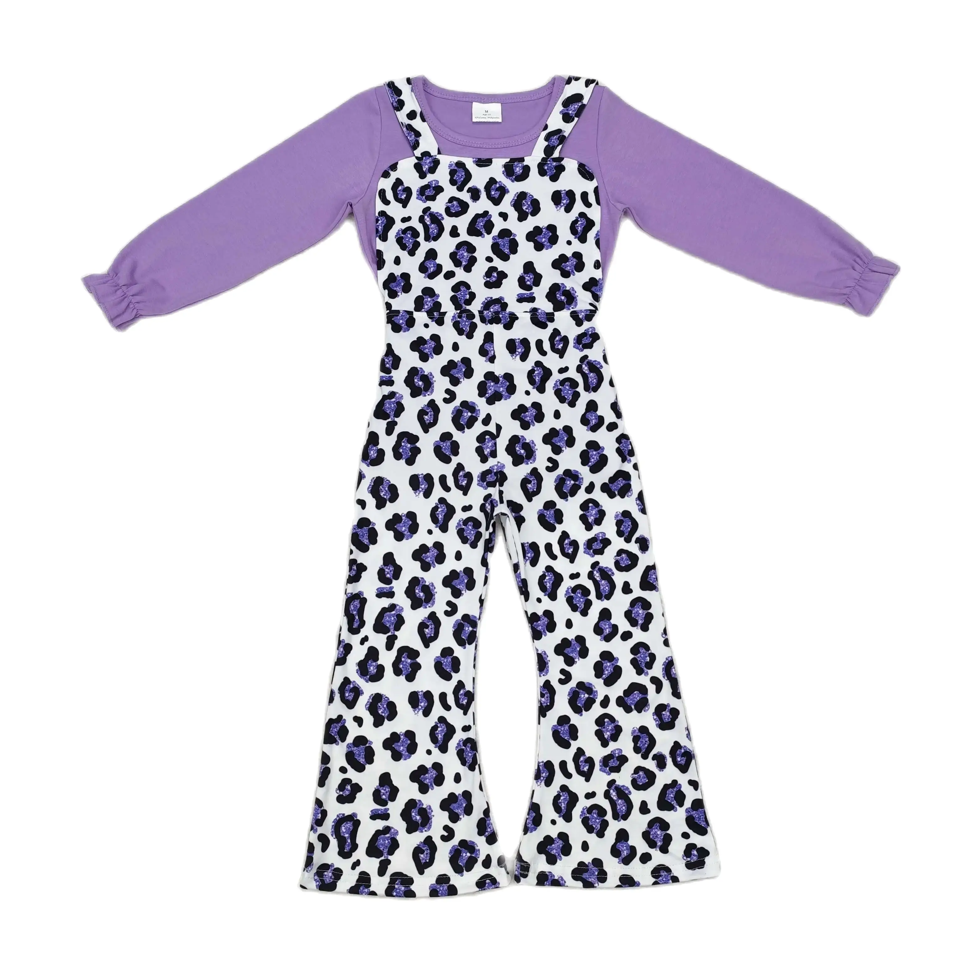 

rts no moq GT0645+SR1932 Purple solid color long-sleeved top leopard print white suspender jumpsuit sets