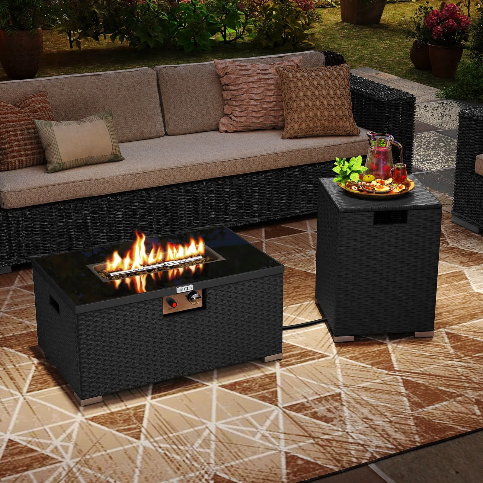 

2 PCS Outdoor Rattan Fire Table Set w/ Tank Cover Tempered Glass Tabletop
