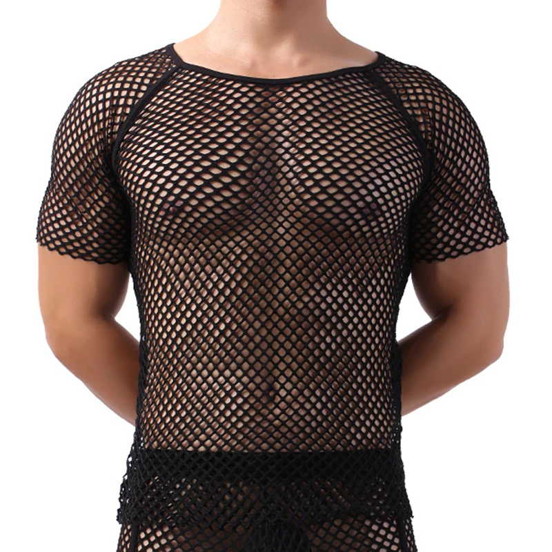 Fashion Mens Sexy Mesh See-Through Shirts Costume Fish Net t-Shirt Short Sleeve Nightclub Sheer Tops Shirt set