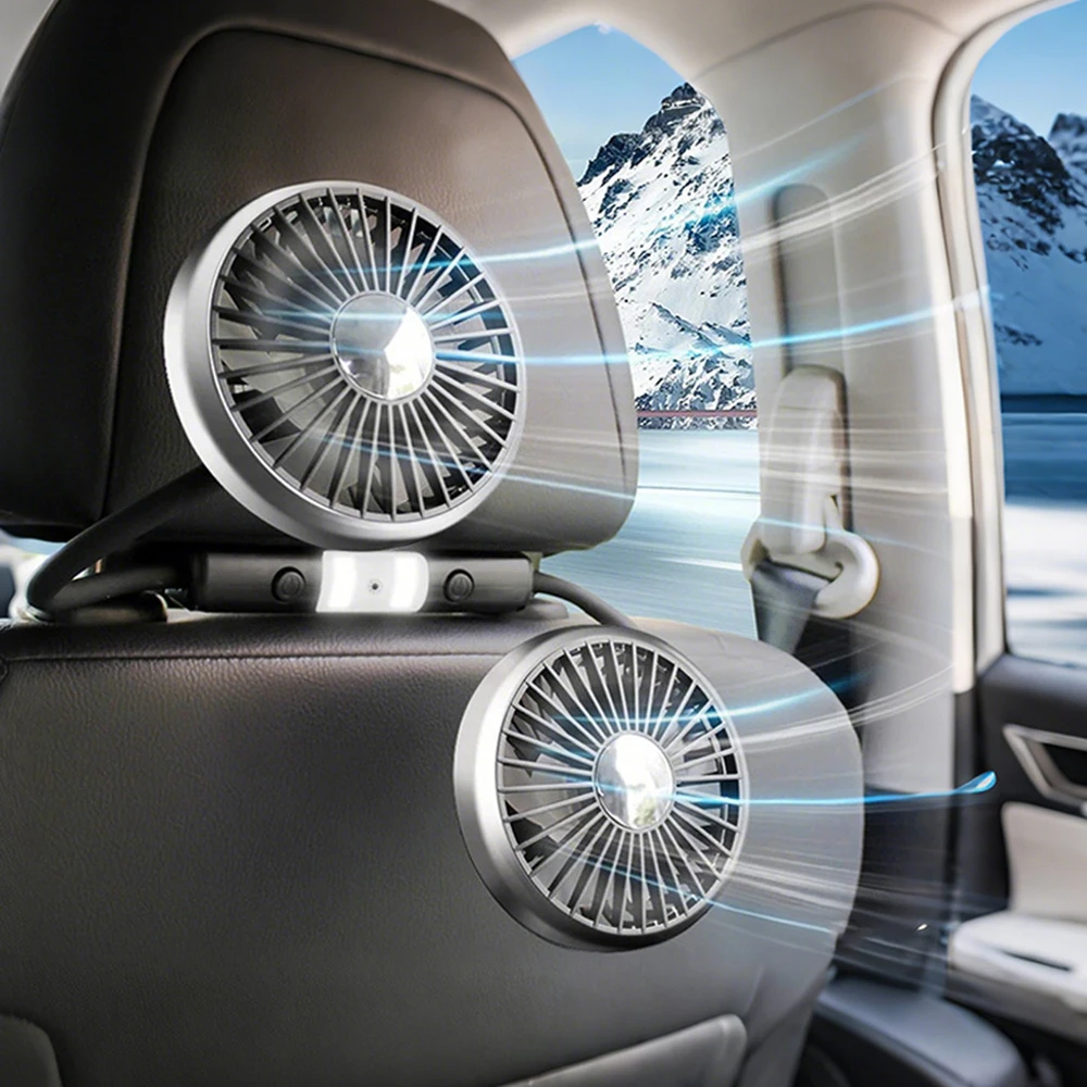 

Car Dual Head Independent Switch Fan Headrest 3 Speed Adjustable Cooling USB Fan Rear Seat 360 Degree Rotatable Fan with Light