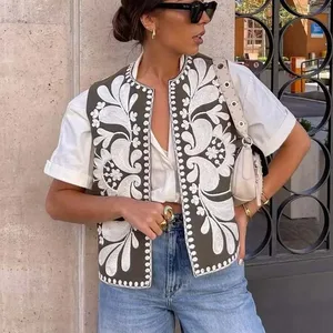TRAF-Short Vesting Jacket Floral Floral Embroidery, Women's National Style Set, Casual Chic vest, Vintage tops-en, 2024 8 Main Sales National Products - №5