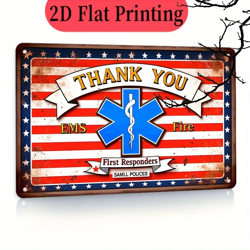 Iron Wall Plaque - First Responders Thank You Sign with American Flag & EMS Cross Design, Rustic Metal Decor for Fire Stations,