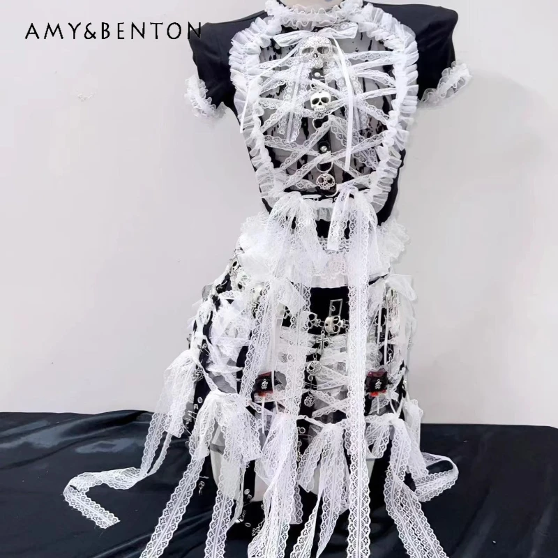 

Gothic Dark Lace Hollow Out Women's Clothing Original Design 2025 Summer New Color Block Sexy Hot Girl Short Skirt Sets Ladies