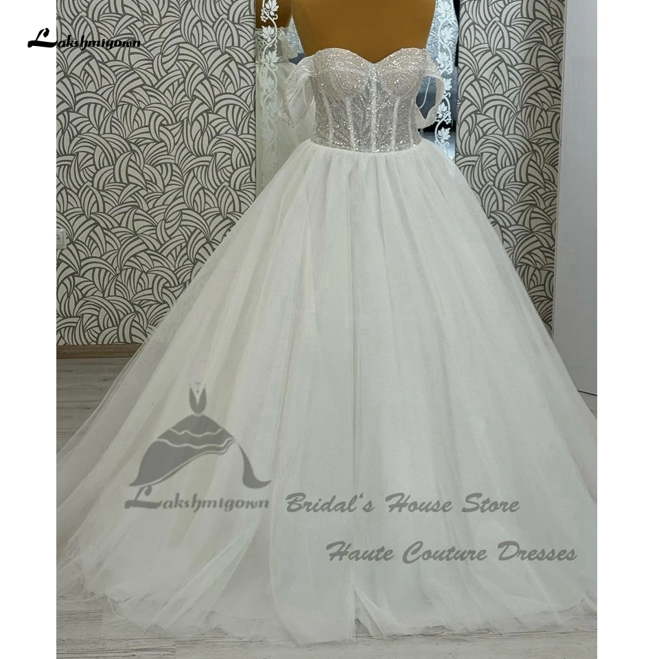 Vestidos de casamento espartilho princesa fora do ombro para mulheres, renda para cima, tule branco elegante, vestidos de noiva longa praia, 2024