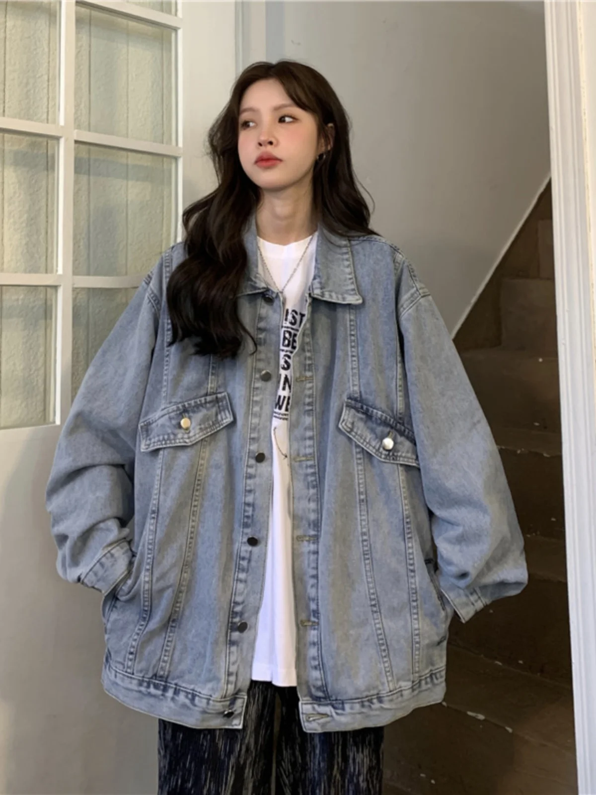 

Loose Women's Denim Jacket Retro Hong Kong Style Spring Autumn plus Size Fashionable Casual Long Sleeve Collar Jacket