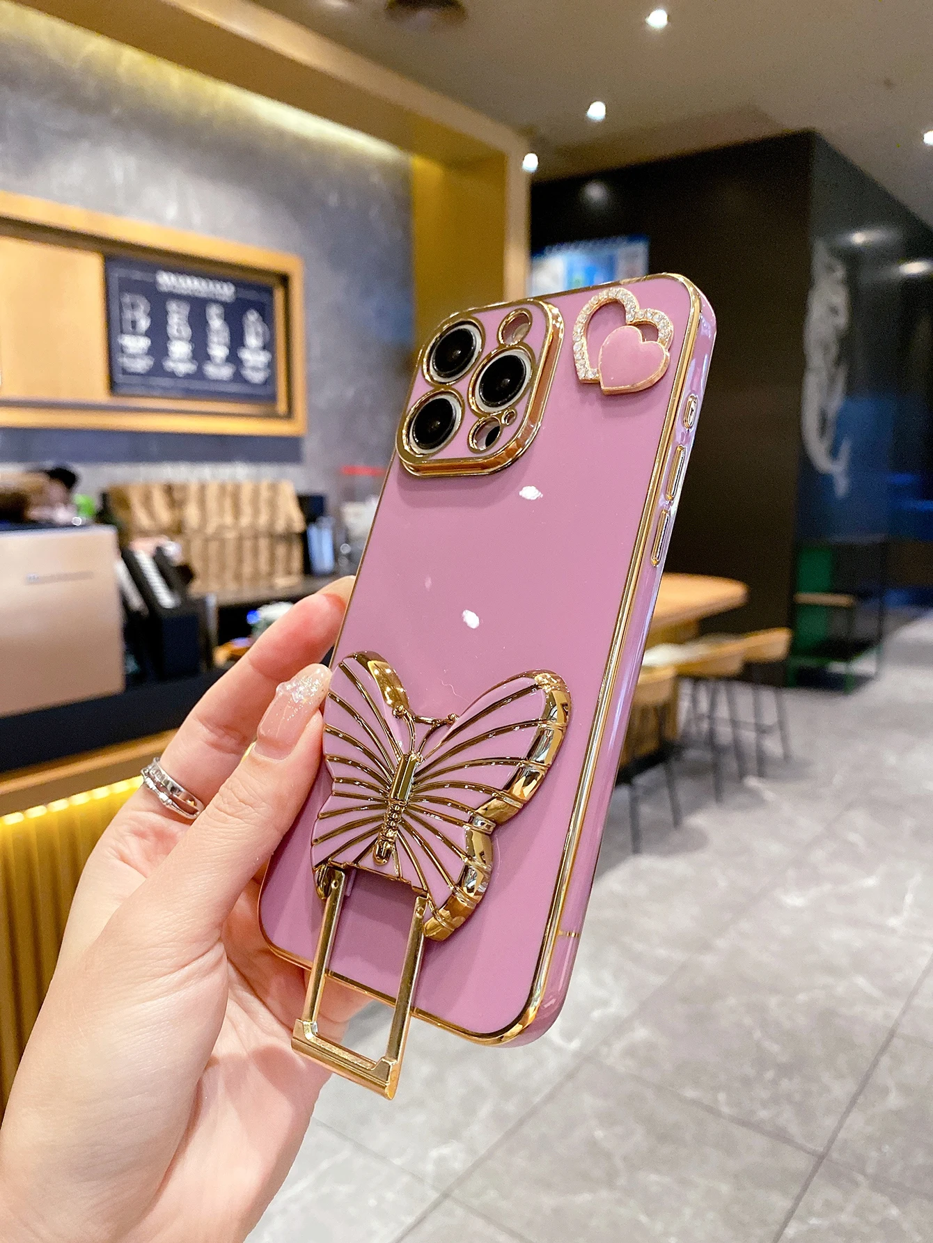 Luxury Electroplating Love Decoration Butterfly Bracket Phone case For iPhone 16 15 Plus 14 13 12 11 Pro Max X XS XR Back Cover
