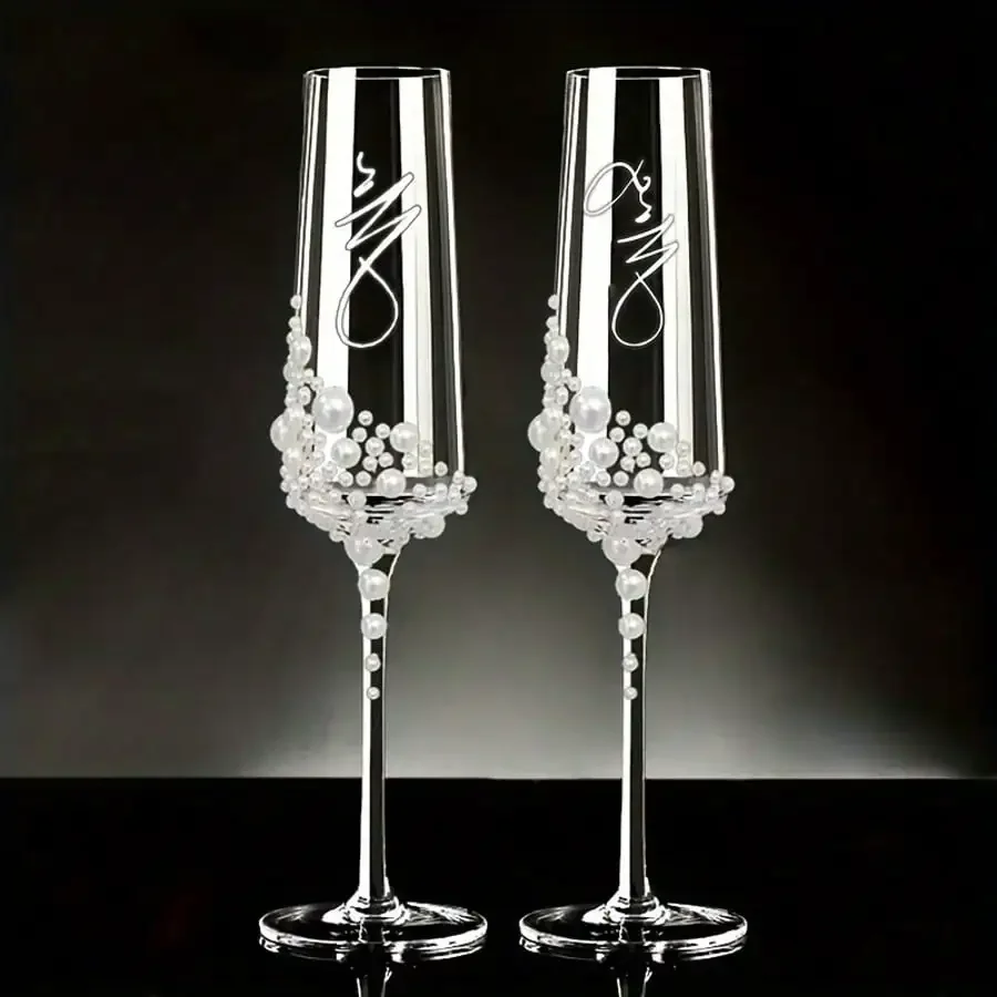 Elegant Crystal Pearl Glasses for Champagne Transparent Handwriting Design Glass Cups Christmas Cup Anniversaries Goblet Glass
