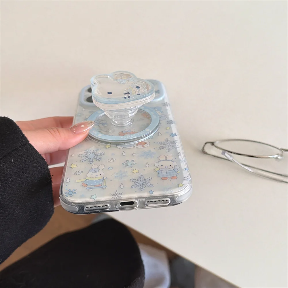 Urocze etui na telefon z motywem śnieżynki, królika i magnesem do iPhone'a 17 Pro 14 15 16 Pro Max z funkcją Magsafe, podstawka do kręcenia, kreskówkowe etui. — zdjęcie produktu 5