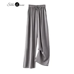 Elegante calça feminina com cordão de bolso, seda amoreira natural, cintura alta, calça elástica de perna larga Qiao dupla, nova moda, primavera, 2022, 93%