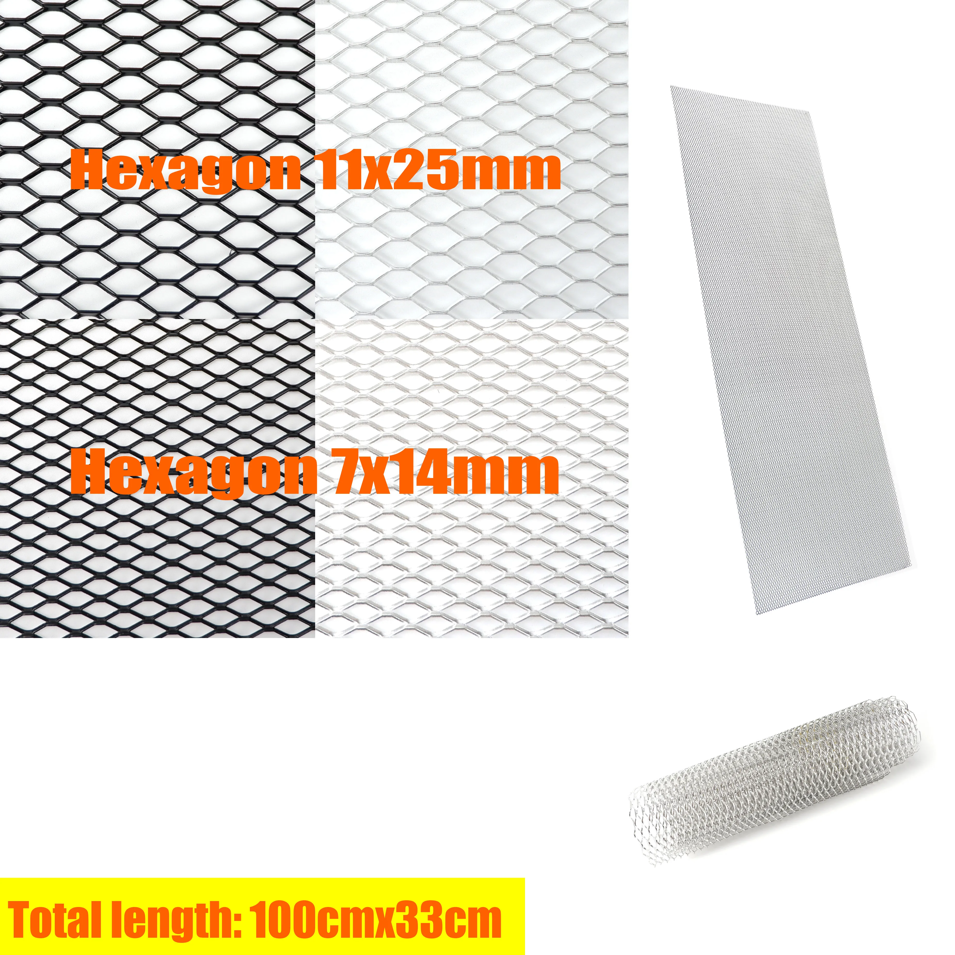 

100x33cm Hexagon Hole 【7x14mm / 11x25mm】 Aluminium Racing Car Bumper Grille Grill Mesh Net Vent Black Silver Tuning Universal