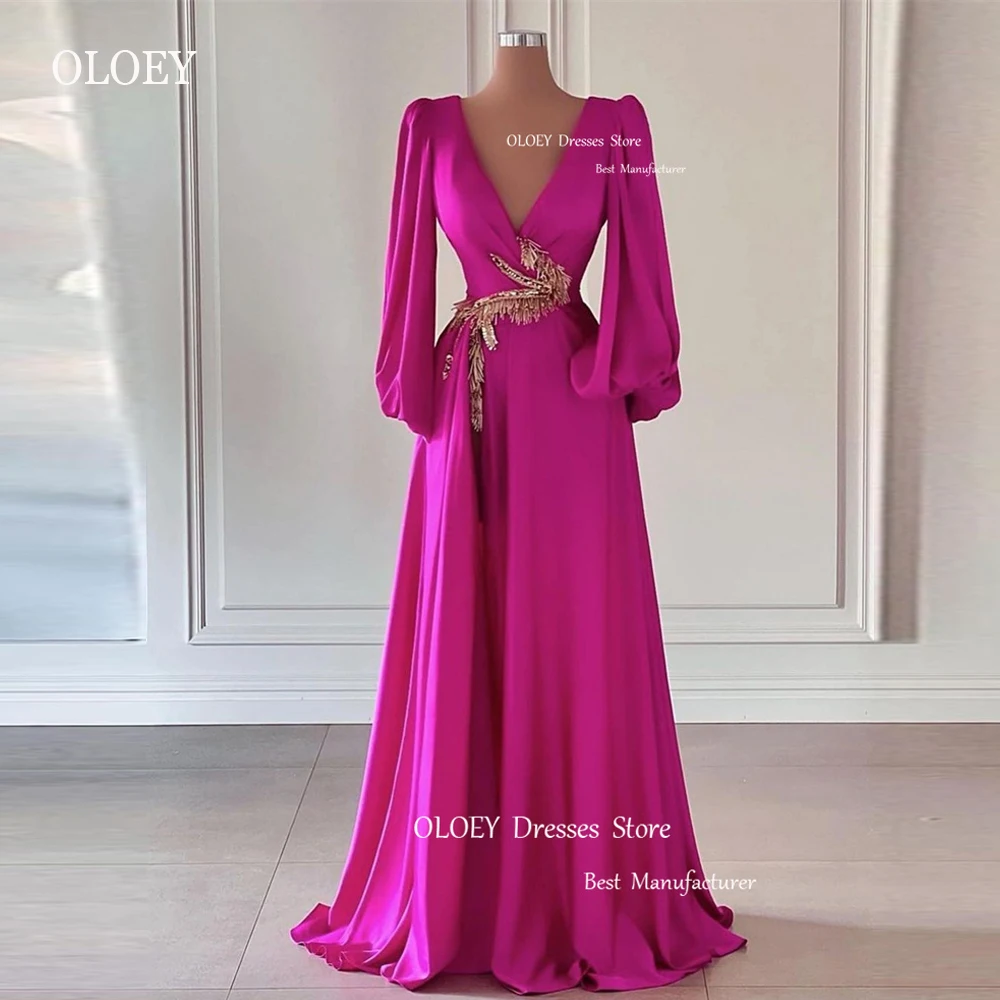 

OLOEY Modest Fuschia Silk Satin Dubai Arabic Evening Dresses Puff Long Sleeves V Neck Gold Dec Split Formal Prom Gowns Vestidos