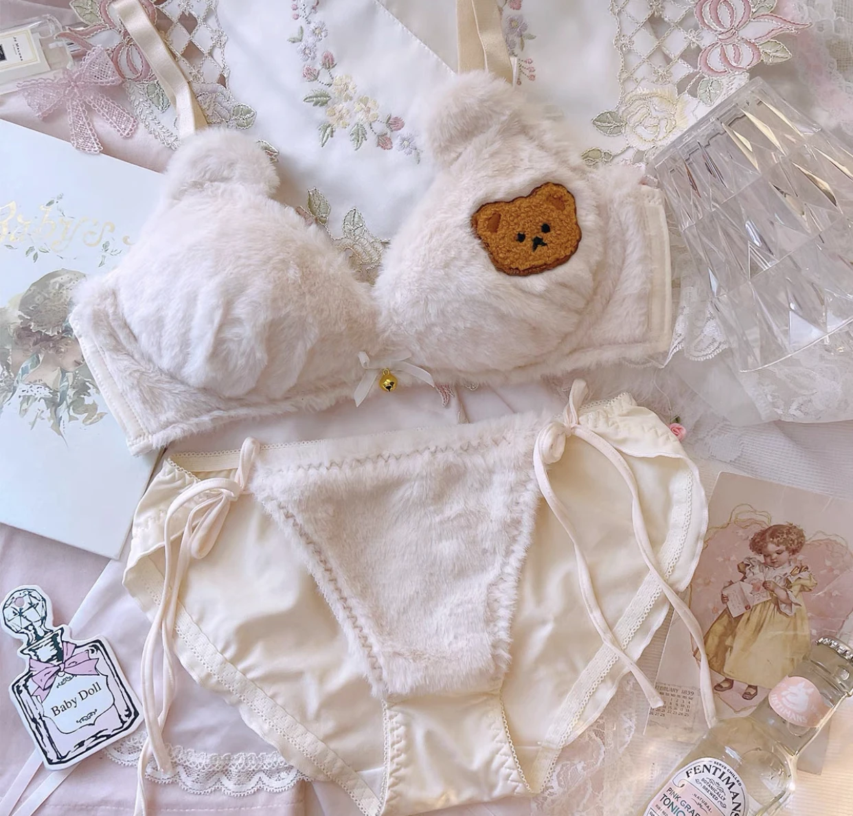 Cute Kawaii lolita panties brassiere plush warm bra set flurry pure desire no steel ring push up bra underwear lingerie panty