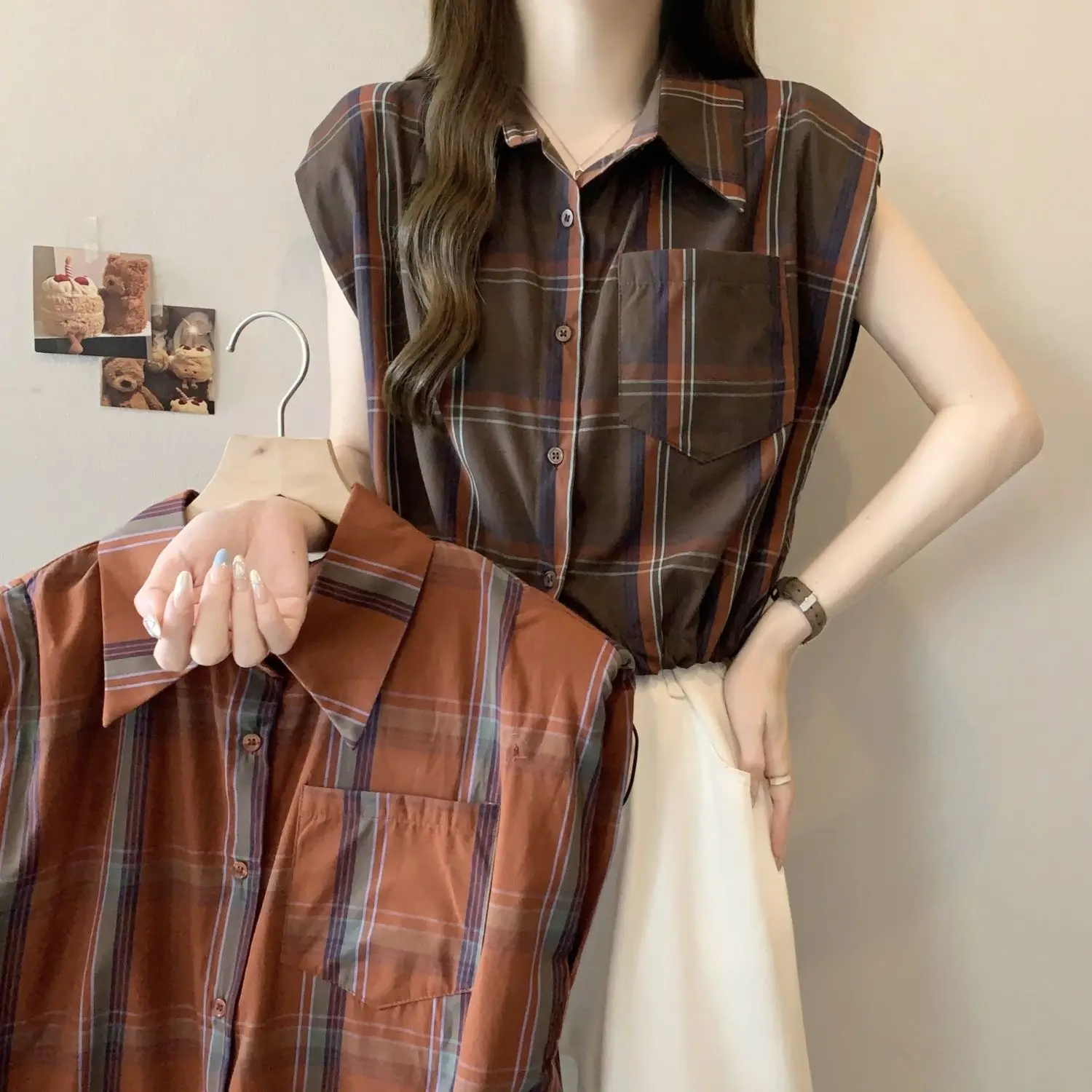 Casual Retro Plaid Shirt for Women\'s 2024 Summer New Short Style Loose Oversized Slimming Sleeveless Drawstring Top