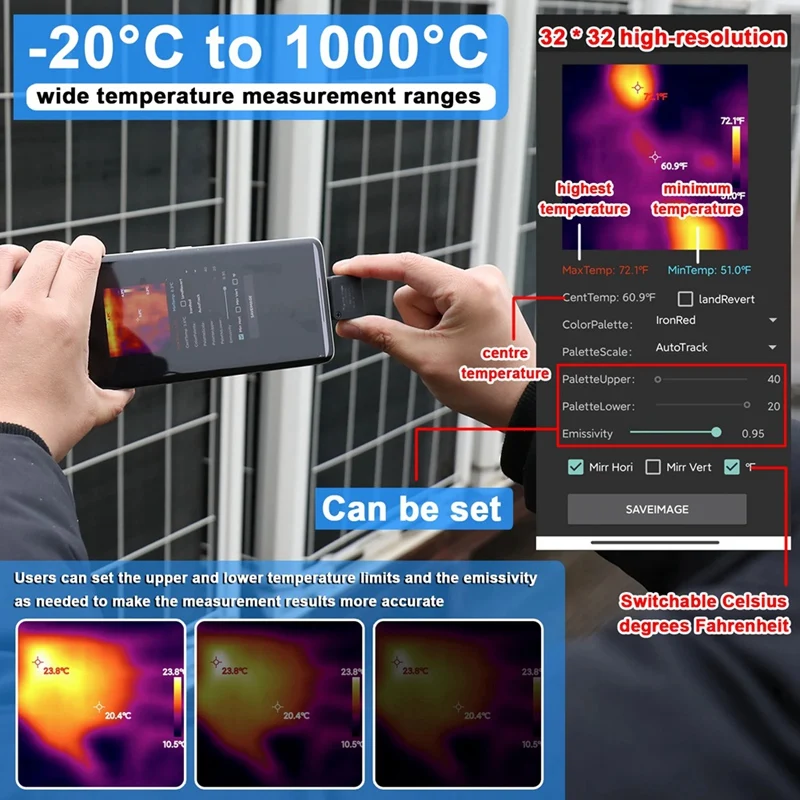 Kamera termowizyjna do telefonu komórkowego TIOP02 -20 ℃ -1000 ℃   Przenośna kamera termowizyjna Rozdzielczość 32 x 32, Interfejs C Sterowanie APP