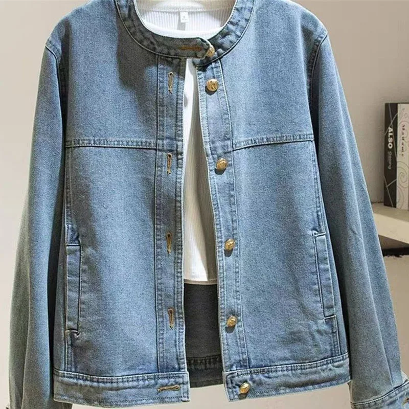 

Retro Lady Stand-up Collar Jeans Top Outwear 2025 Femme Leisure Short Denim Coat Spring Autumn Women Long Sleeves Cowboy