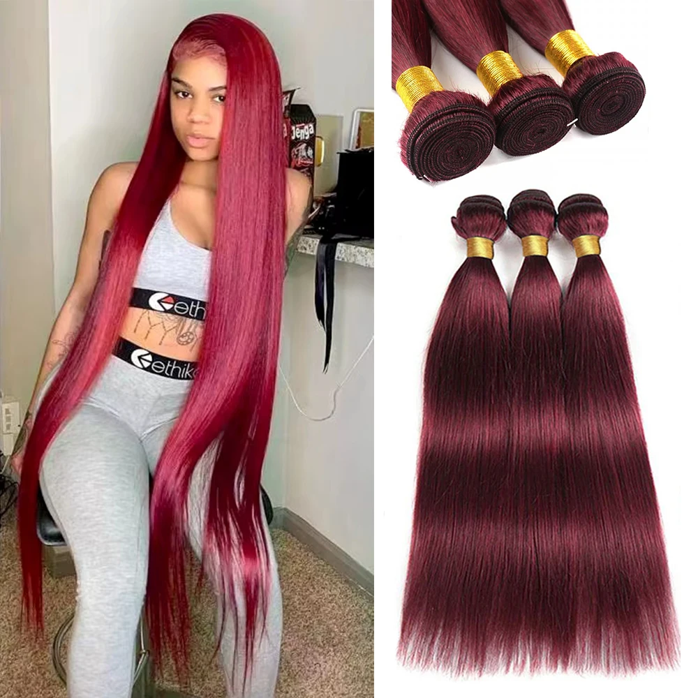 

99J Бордовые прямые пучки бразильских человеческих волос 100% переплетение волос Remy 1 3 пучка предложений Wine Red 30-дюймовый пучок для наращивания волос