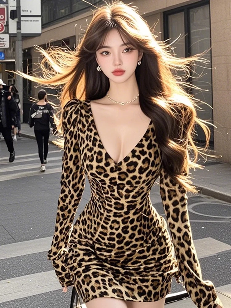 Keni plus Size Deep V Neck Low Chest Dress Women's Autumn Plump Leopard Print Sexy Spicy Girl Wrap around Skirt Dress
