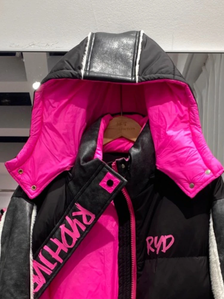 Streetwear denim contraste para baixo jaqueta moda feminina na moda destacável boné parker engrossado quente masculino e senhoras casaco de casal