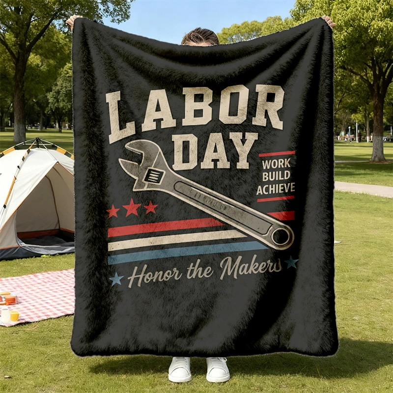 Vintage Labor Day Wrench Graphic Flannel Blanket, Honor Makers Patriotic USA Flannel Throw