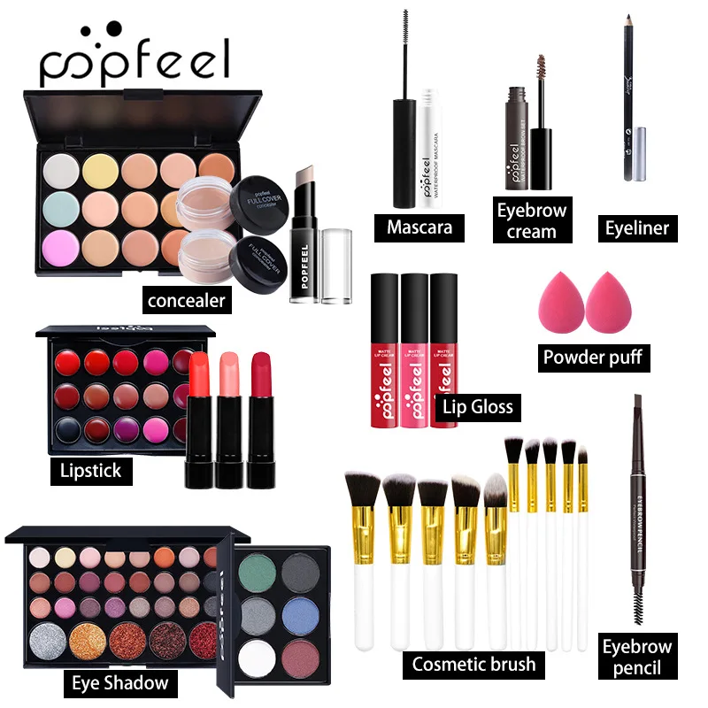 Set di Kit per il trucco, Set di cosmetici, Palette di ombretti, Set di lucidalabbra, rossetto liquido, spugna per il trucco, fondotinta, correttore, sopracciglio