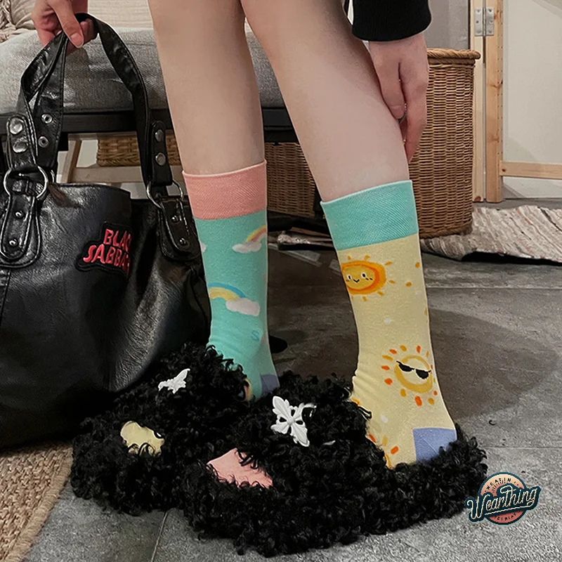 Asymmetric Autumn Winter Women Socks Funny Cute Cartoon Cat Embroidery Animal AB Interesting Mid Tube Socks