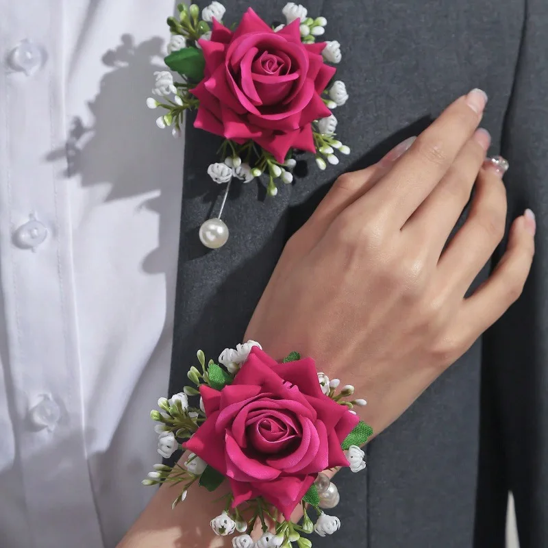 2Pcs Burgundy Rose Wrist Corsage & Boutonniere Set, Artificial Red Rose Flower for Bridesmaid Wedding Bride Groom Party Decor ﻿