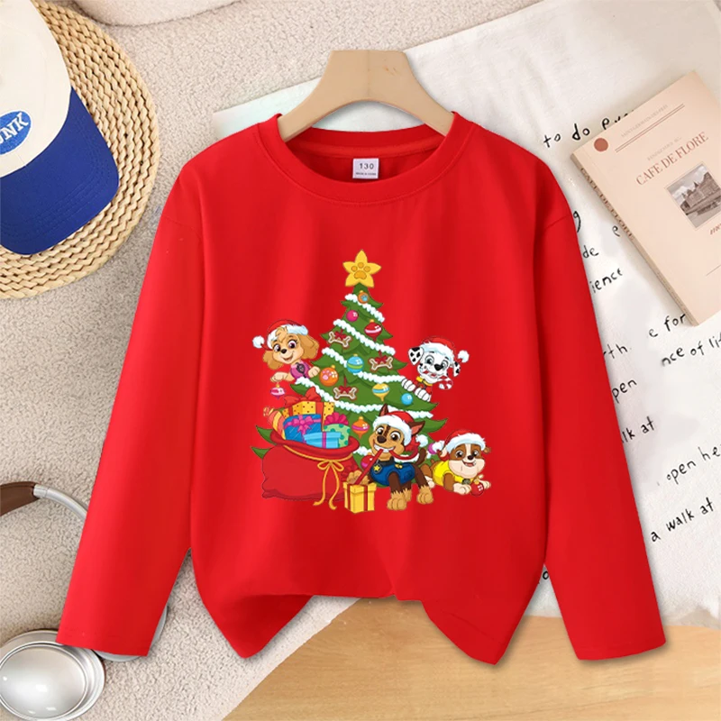 

Милая футболка с длинными рукавами «Щенячий патруль», милая рождественская одежда с принтом для мальчиков и девочек, наряд для рождественской вечеринки с круглым вырезом, модный красный топ, подарки