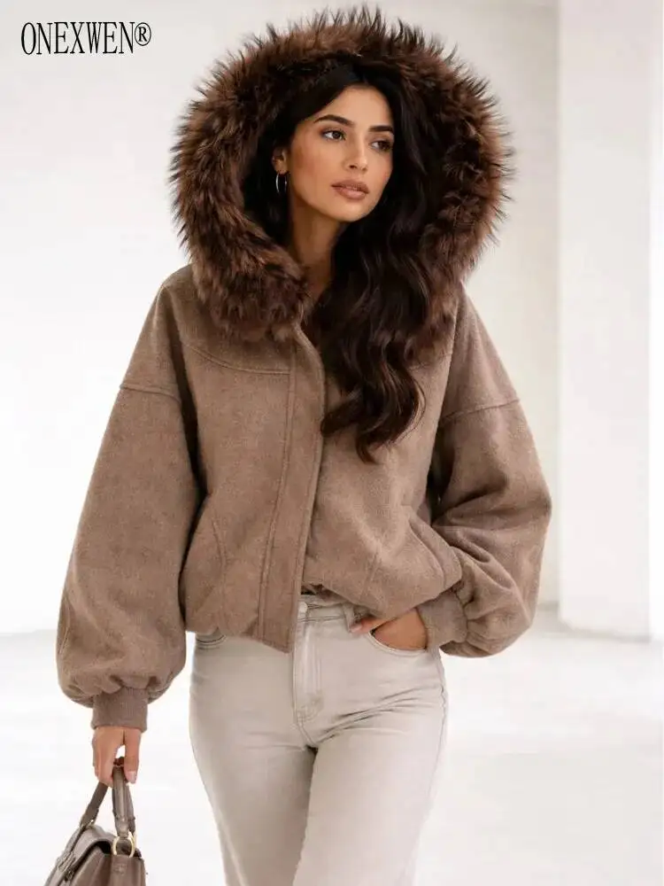 ONEXWEN Luxury Fur Collar Hooded Woolen Coat Women Winter Thickened Short Oversized Cashmere Jacket Warm Outerwear ZM5364