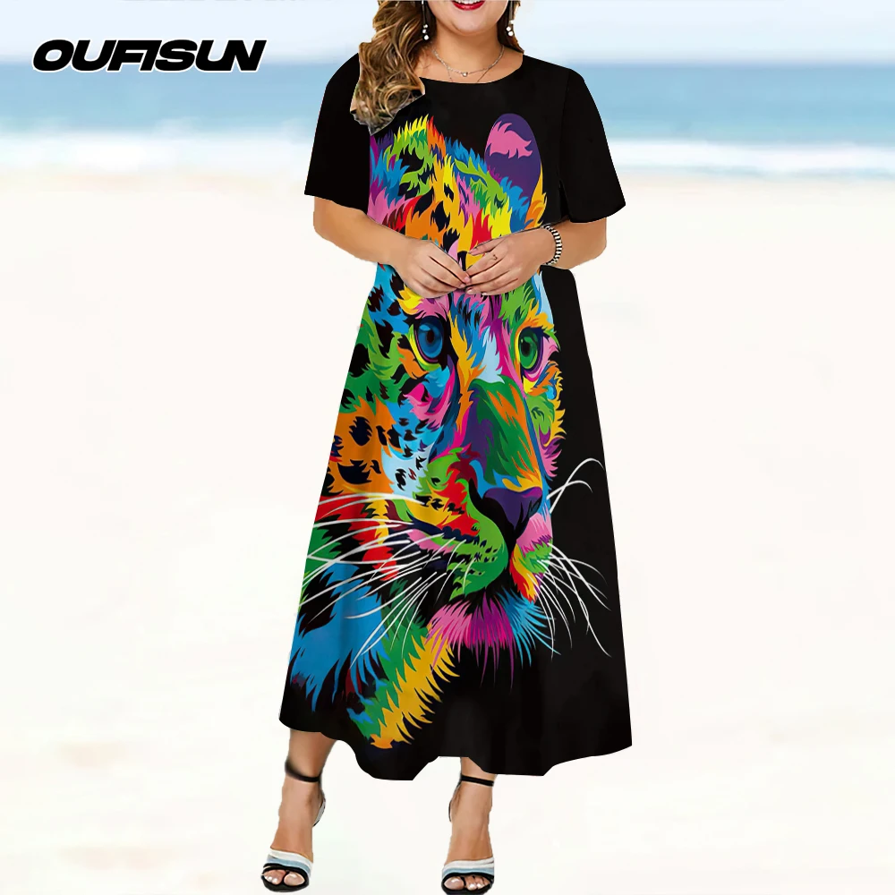 ฤดูร้อนผู้หญิงชุดยาวรอบคอชุด 2025 ผู้หญิงแขนสั้นใหม่สบายๆเสื้อผ้าสัตว์Tigerพิมพ์ผู้หญิงเสื้อผ้า