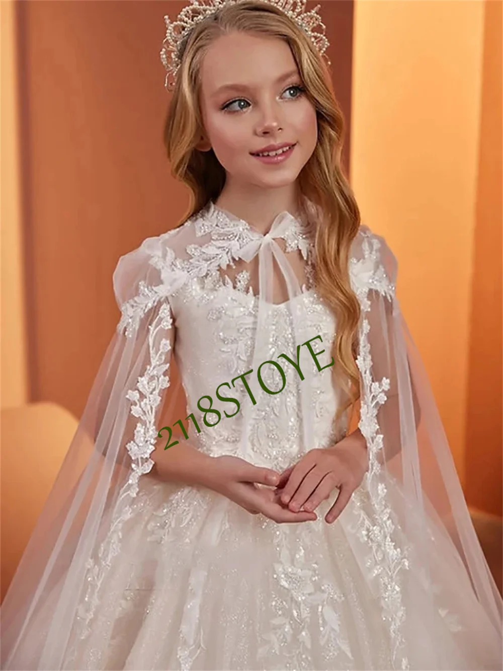 Vestido de baile de princesa exquisito con lentejuelas de marfil, disfraces de fiesta de primera comunión, vestidos de flores para niñas, bodas con capa