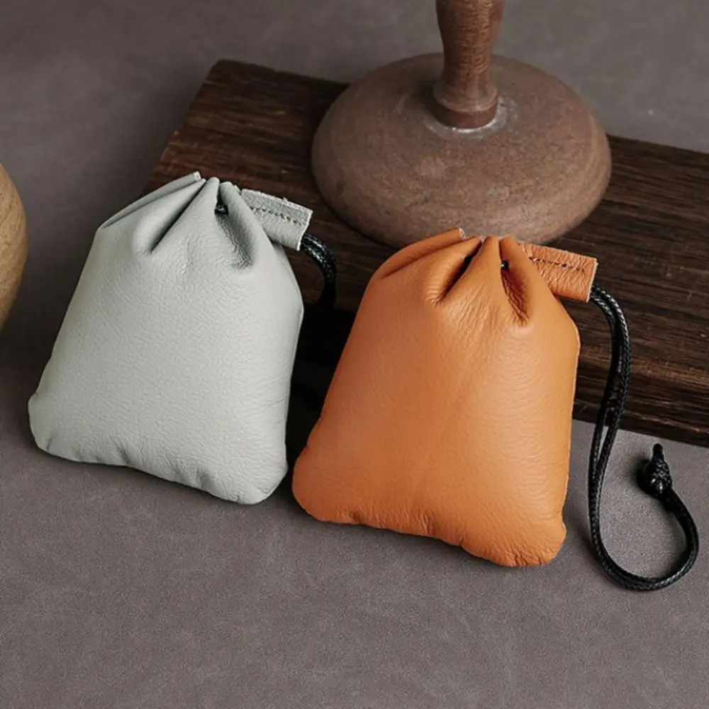 Vintage Style Genuine Leather Coin Purse Key Earphone ID Bank Card Storage Drawstring Coin Bag Data Cable Small Money Bag Travel