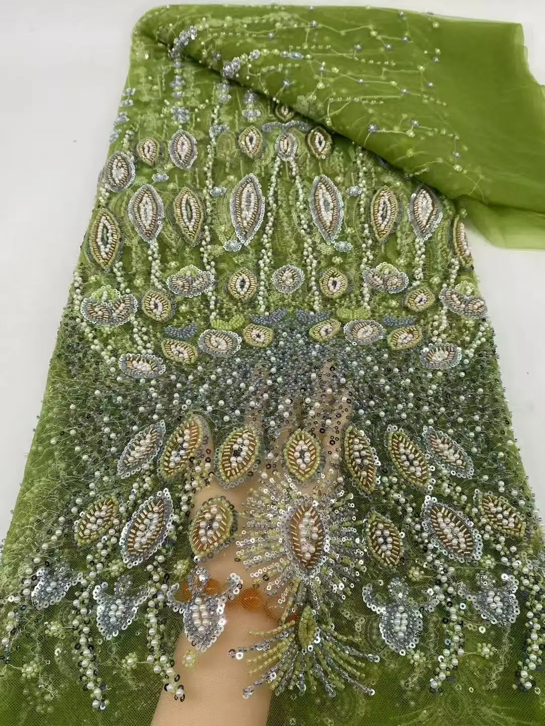 

African Heavy Bead Lace Fabric 2025 High Quality Nigerian Sequins Embroidered French Tulle Fabric Material For Wedding Party