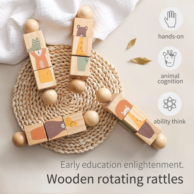 1Pc Baby Wooden Montessori Toys Cartoon Animal Crocodile Bear Rotate Block Rattle Puzzle Game Baby Food Grade Wooden Teether Toy