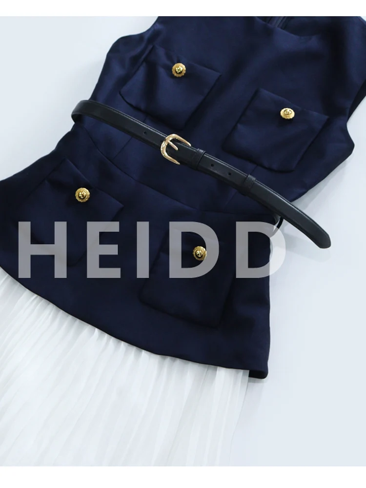 Heidd SP2025 Summer Blue And White Stripe Satin Svel Dr High Waist A-Line Long Dr Commute Sle Pure Color round ...