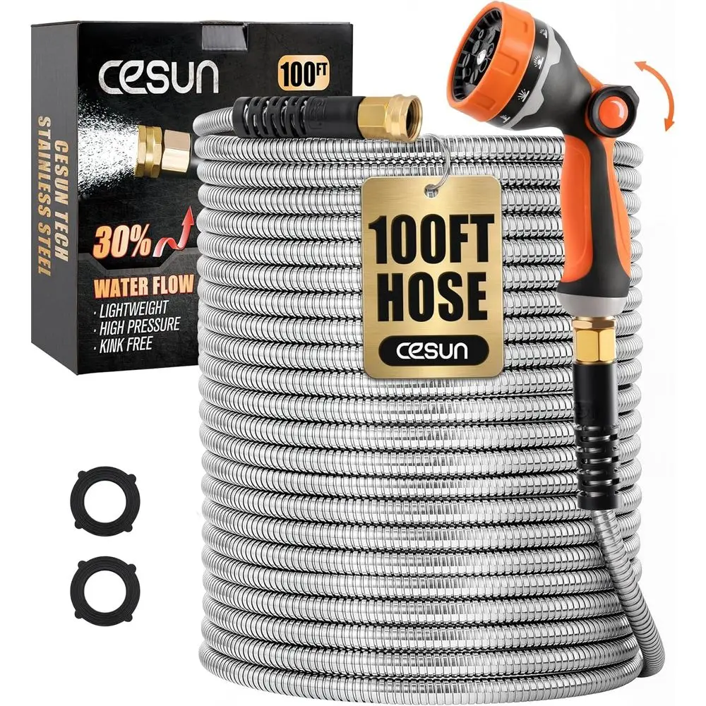 

100ft Stainless Steel Garden Hose with 10 Function Nozzle, Kink-Free, Flexible, Lightweight, Durable, Rust-Resistant for Yard, R