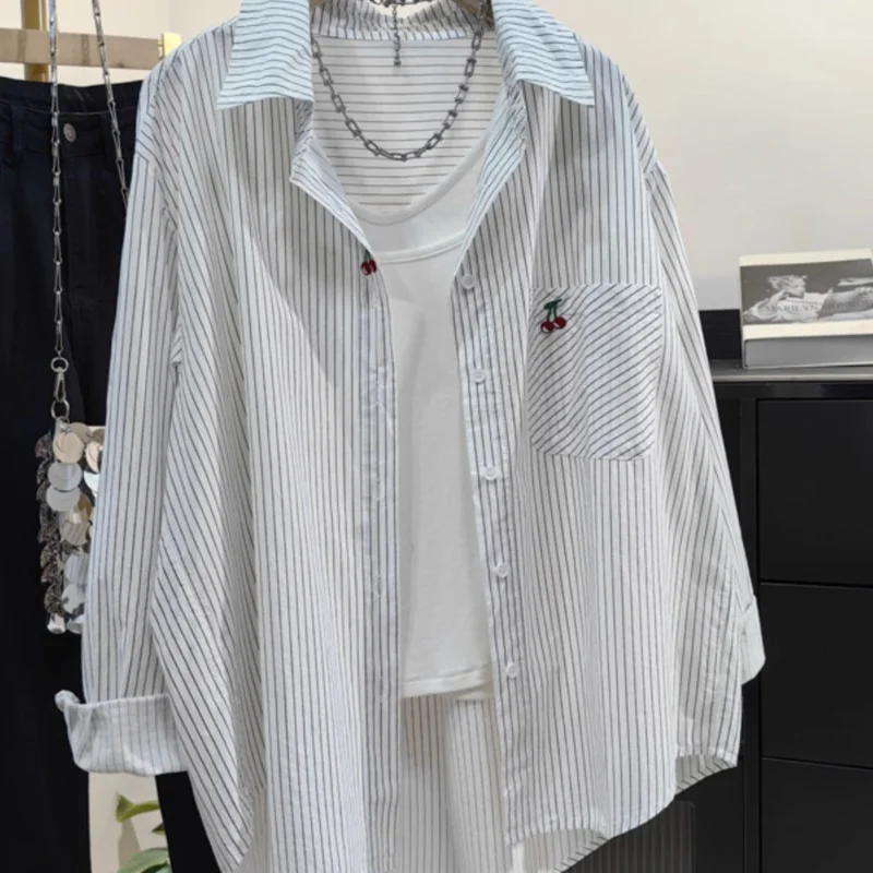 

Vertical Striped Cherry Embroidered Cotton Shirt Women's New Sun Protection Casual Loose Versatile Cardigan Top