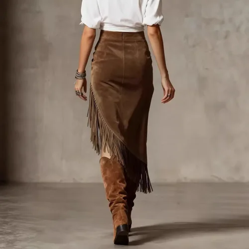 Imagen 2 del producto Falda de gamuza de diseño irregular estilo retro occidental, falda de color liso