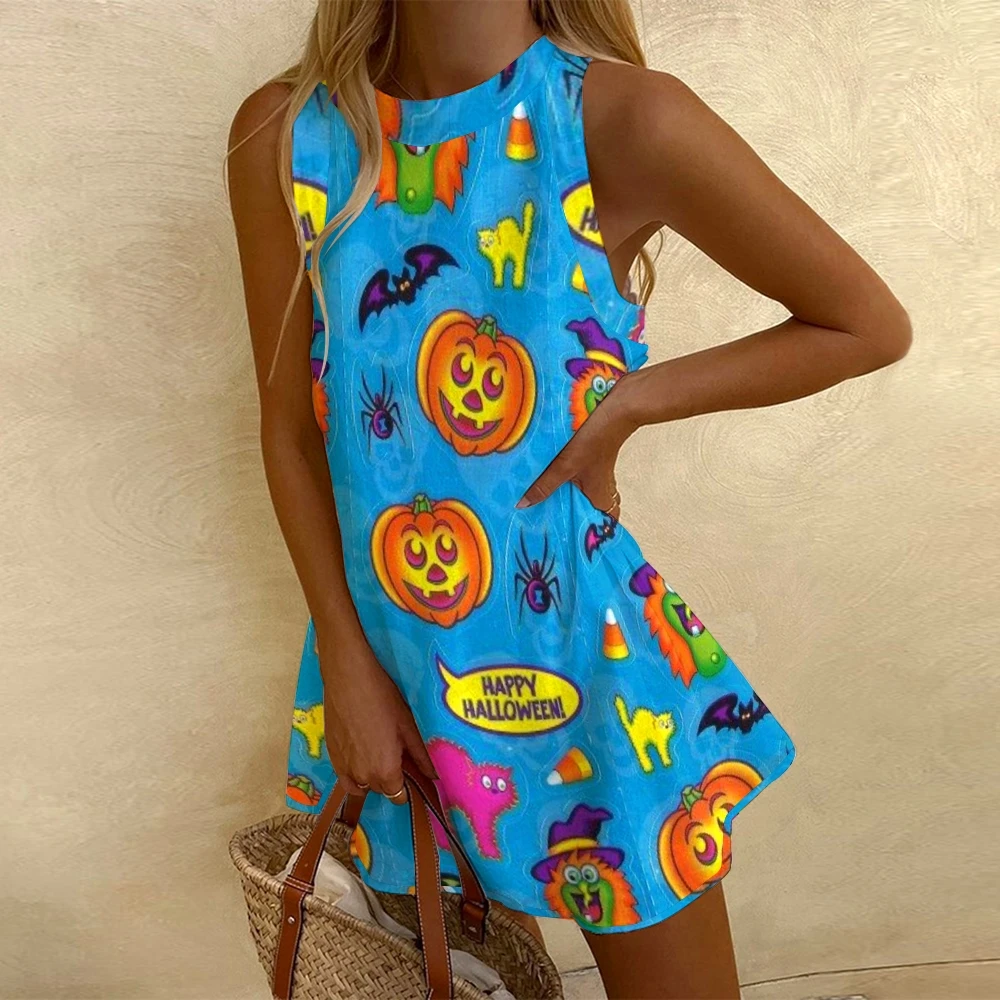 Women's Sleeveless Halloween Elements Pumpkin Print Dress Skirts For Holiday Wear Full Print Y2K Clothes Seaside Sundress