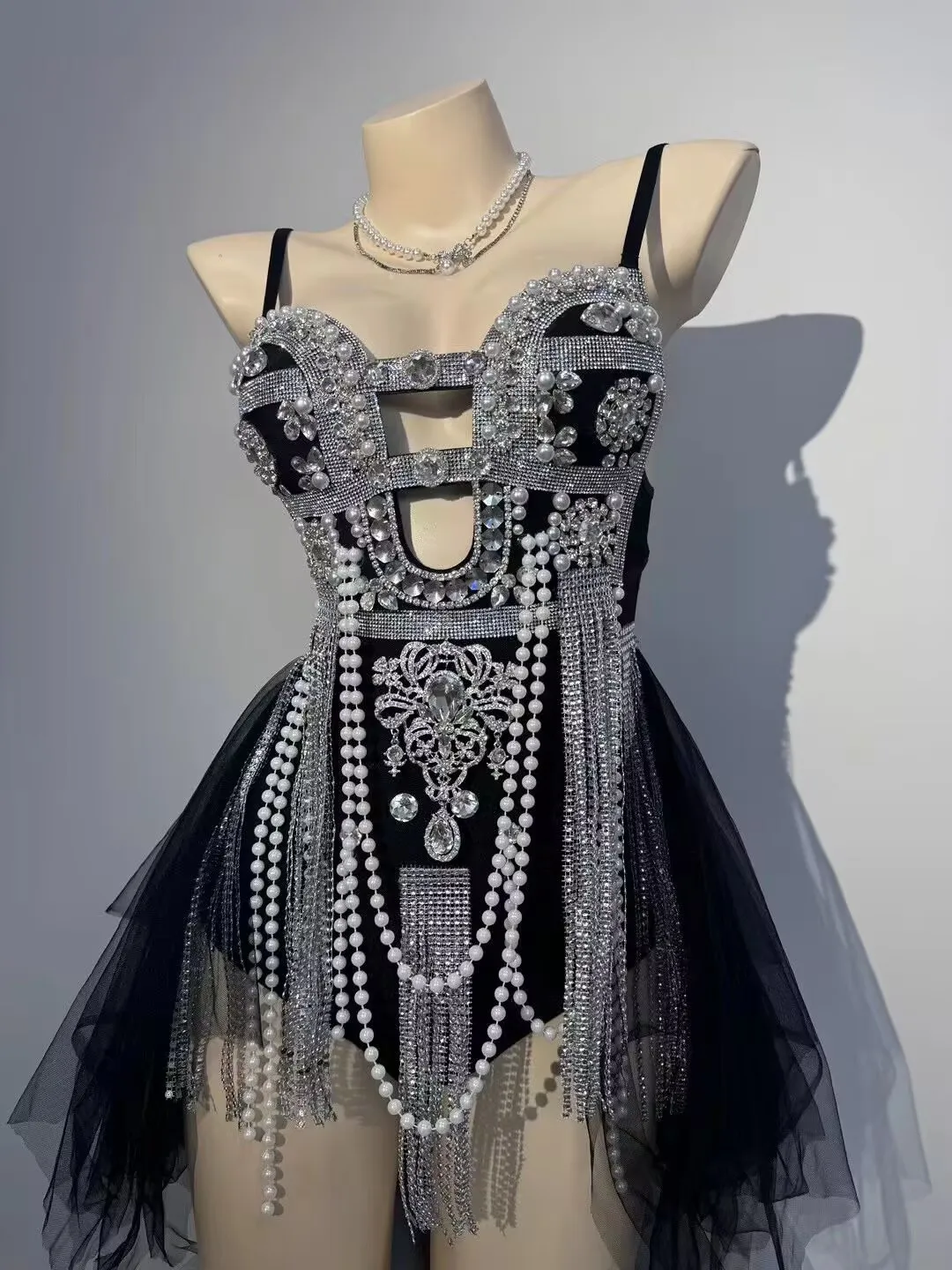 

Shiny Rhinestone Bodysuit Pole Dance Clothes Pearl Jumpsuit Gogo Dancer Outfit Singer Drag Queen Costume Party Clothing