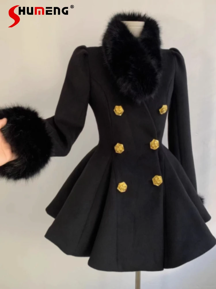 

Women's Fur Collar Black Waist-tight Blends Female Small Fragrant Woolen Coats Women's Medium Length Thick Padded Woolen Coat