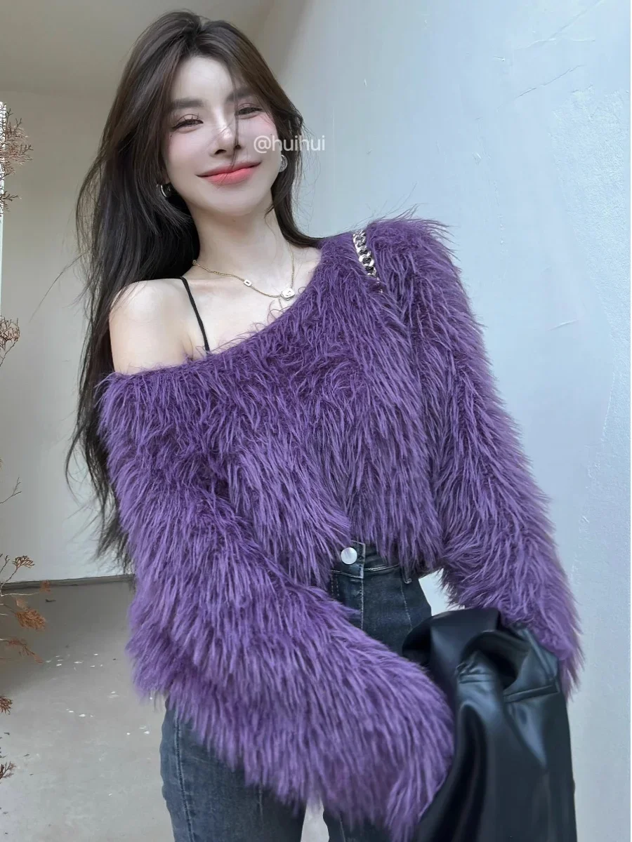 Women\'s Purple Gothic Pullover Knitted Sweater Harajuku Korean Y2k Long Sleeves Jumper Sweaters Vintage 2000s Clothes  Autumn