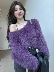 Women's Purple Gothic Pullover Knitted Sweater Harajuku Korean Y2k Long Sleeves Jumper Sweaters Vintage 2000s Clothes  Autumn