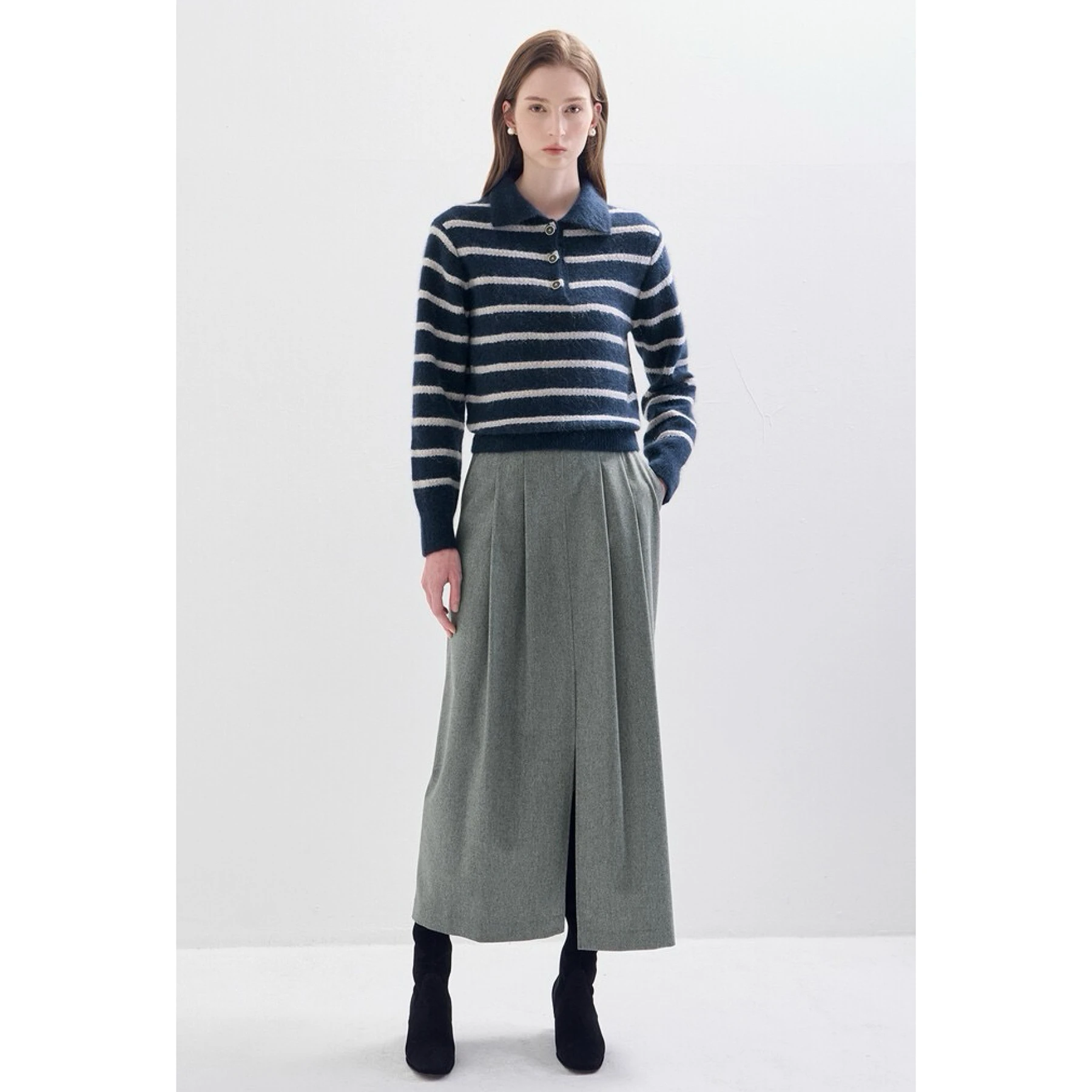 

Lemon Cheese LAN25 Зимний шерстяной вязаный свитер с отложным воротником в полоску, универсальный, качественный, уменьшающий возраст, модный женский топ