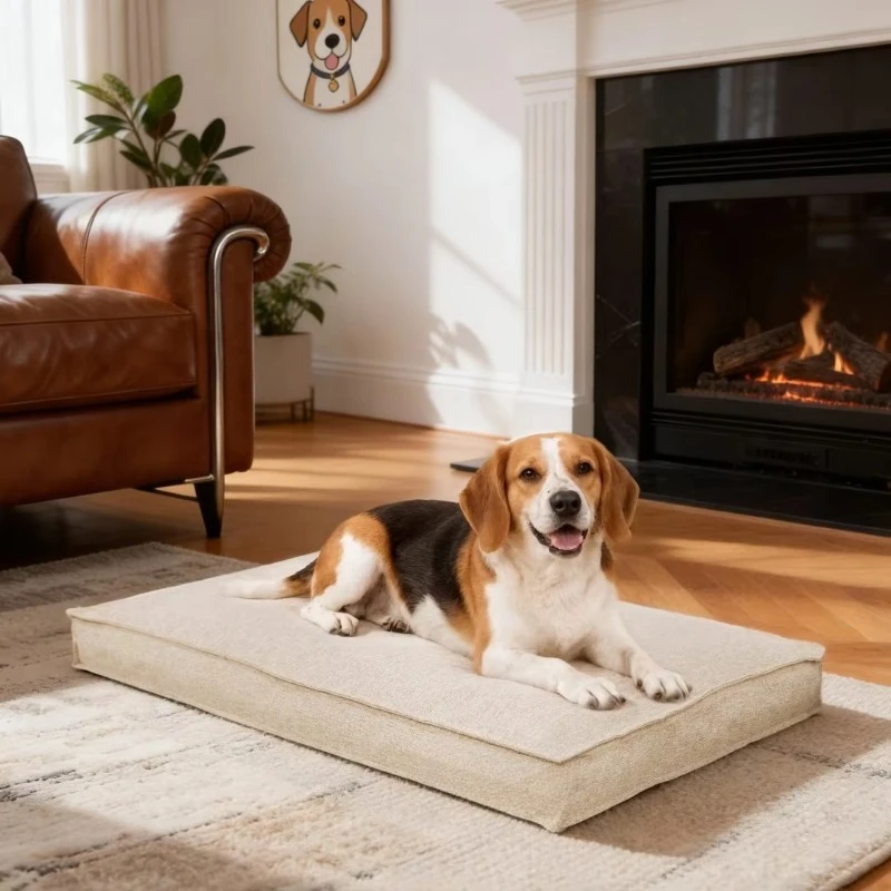 Rectangular Large Dog Bed, Linen Cover Foam Base Pet Pillow Bed, Waterproof Lining Washable Cozy Sleeping Mat for Dog Crate
