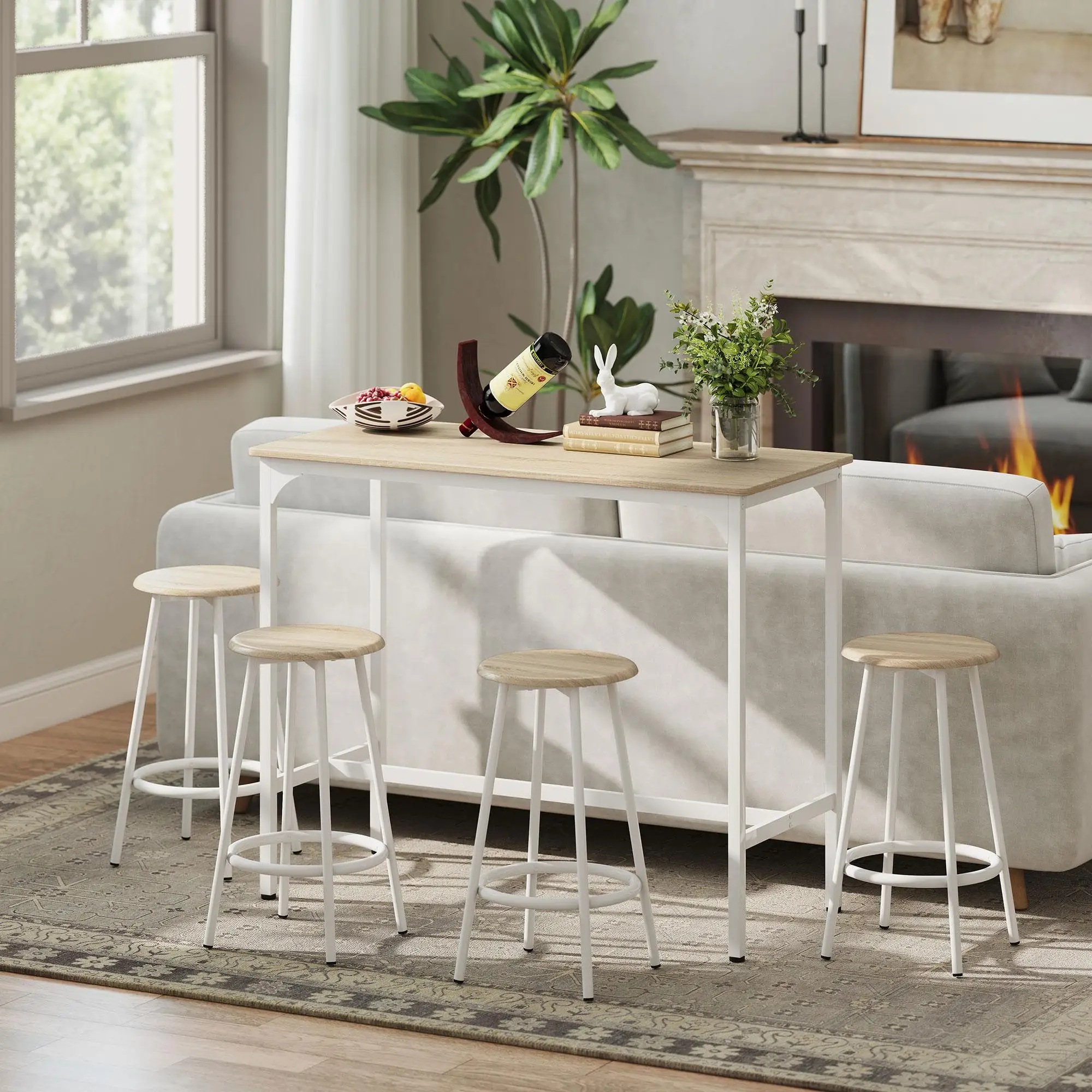 Juego de Mesa de Bar de 5 Piezas con 4 Taburetes, Estructura Metálica, Reposapiés, para Cocina, Sala de Estar, Madera Natural Blanca