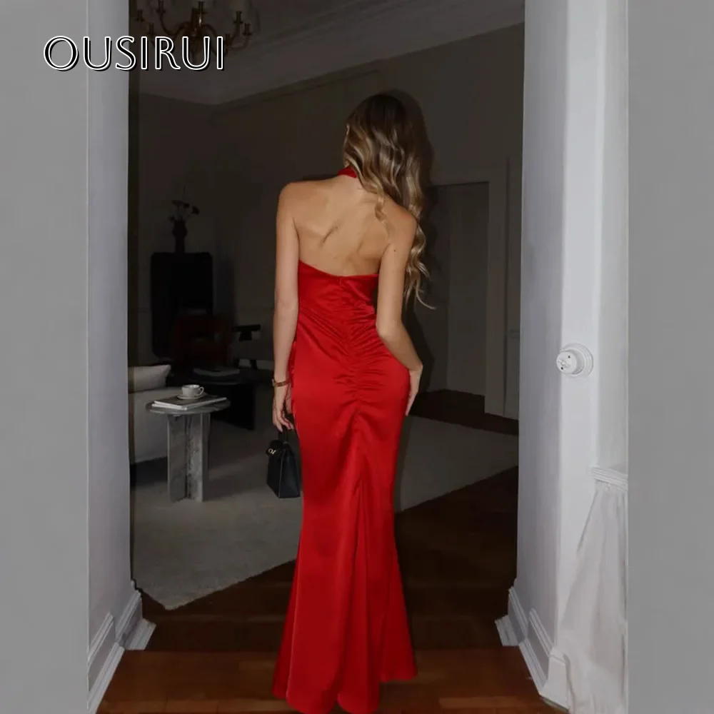 Elegant Halter ชุดราตรีซาตินเรียบง่ายที่กําหนดเอง Mermaid ชั้นความยาวแขนกุด Backlessفسات