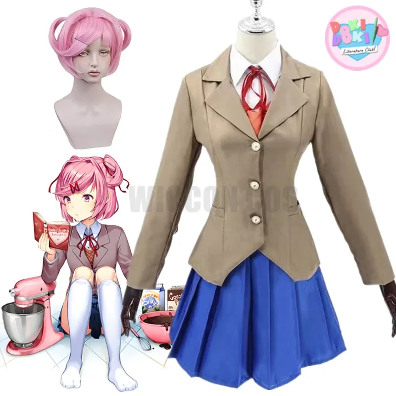 Jeu Doki Doki Club Natsuki Cosplay Costume, Monika Yuri Sayori Cosplay Costume, Uniforme d'écolière pour femme