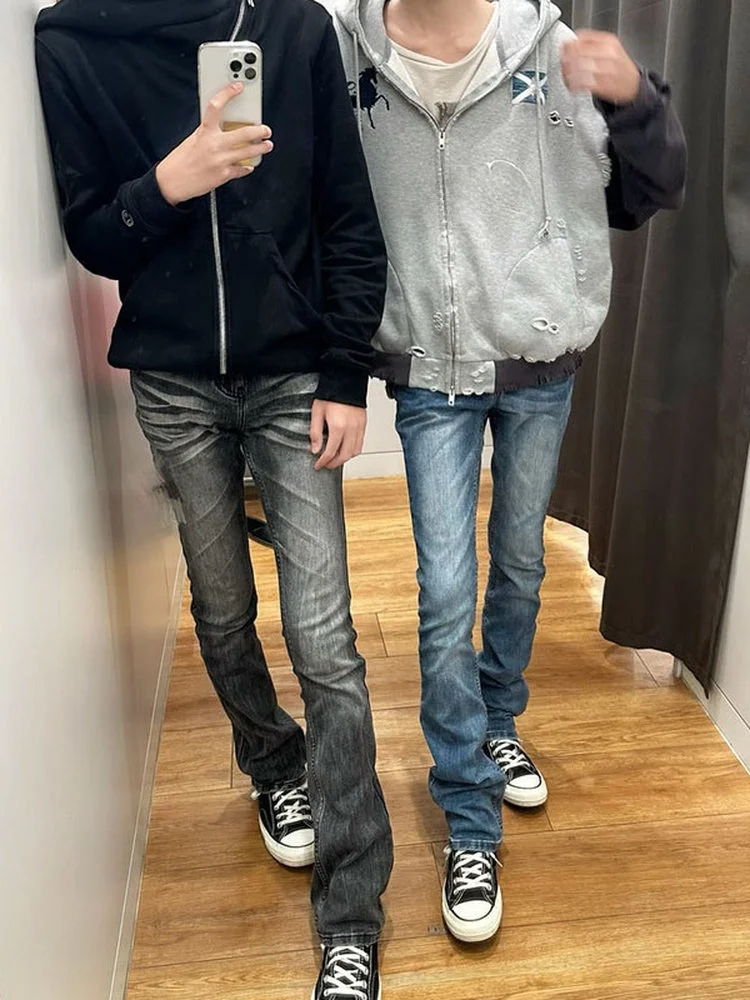 

Black Cow 30 Washed Distressed American Cleanfit Jeans Men High Street Vibe Casual mid Waist Zipper Closure Slim Fit Jeans
