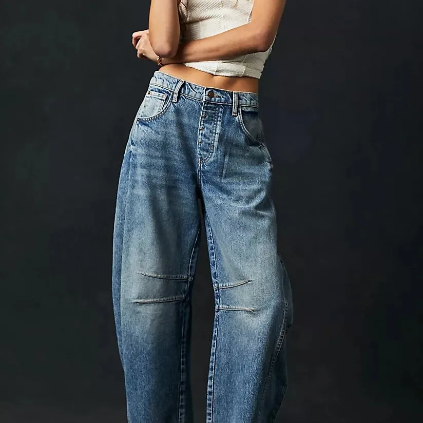 Washed Jeans Women Wide Leg Pants Denim High Waist Vintage Pockets Solid Basics Loose Fit Ankle Length Trousers 2024 Casual